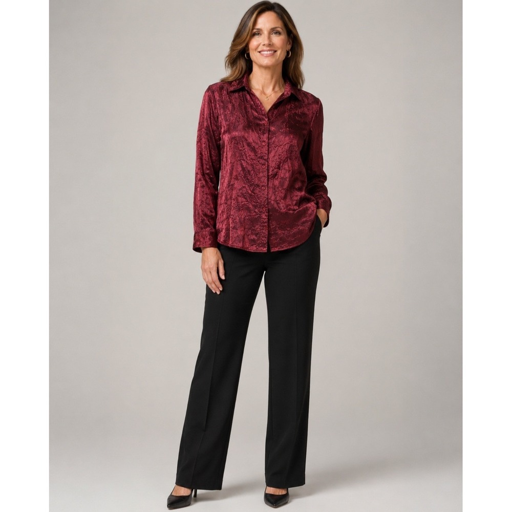 JM Collection Womens Burgundy Crinkle Texture Button Down Shirt Wine Size 10